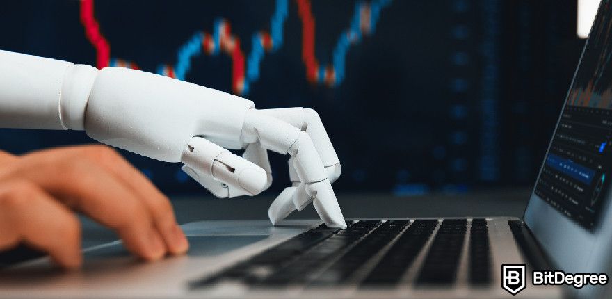 Best AI Crypto Coins: robotic and human hand typing on a laptop.