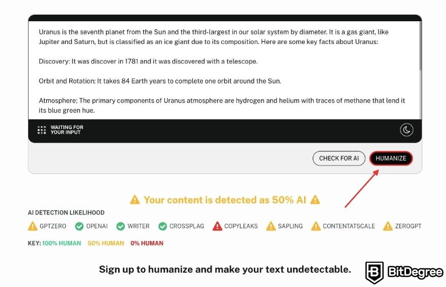 Best AI detector: A red arrow pointing to humanize option.