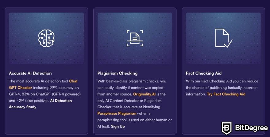 Best AI detector: Originality AI main benefits displayed on the website.