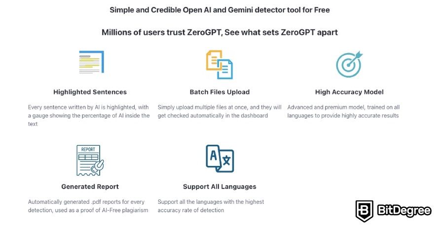 Best AI detector: ZeroGPT main pros displayed on their website.