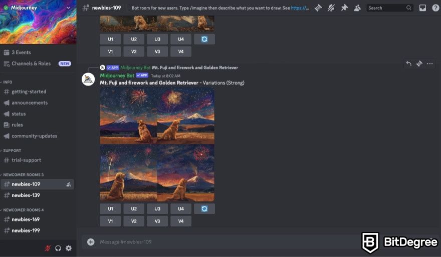 Best AI image generator: Discord interface with visible prompt and output written by another user.