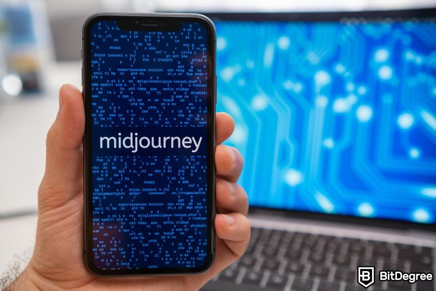 Best AI image generator: Midjourney logo displayed on a phone.