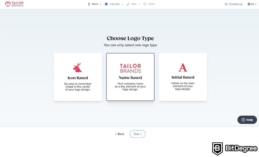 Best AI logo generator: Tailor Brands asking to choose a logo type.