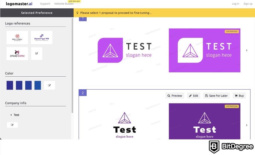 Best AI logo generator: Logomaster AI providing with logo proposals.