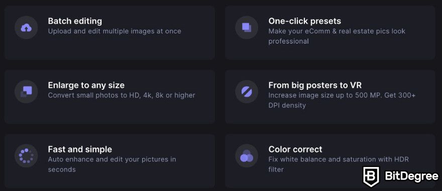 Best AI photo enhancer: Let's Enhance benefits displayed on the website.