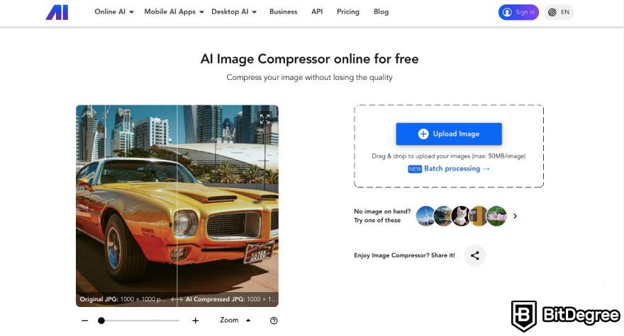 Best AI photo enhancer: Nero AI image compressor feature displayed on the website.