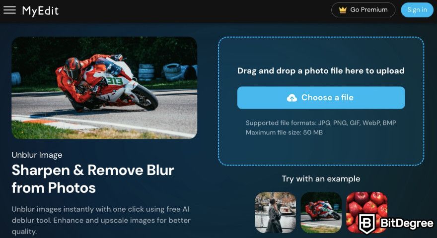 Best AI photo enhancer: MyEdit showcasing the unblur feature on their website.