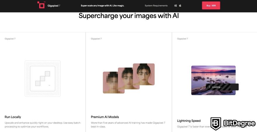 Best AI photo enhancer: Gigapixel benefits displayed on the website.