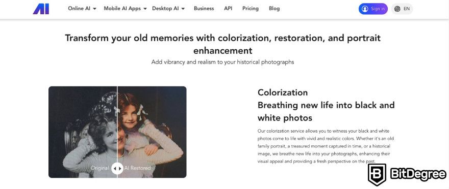 Best AI photo enhancer: Nero AI photo restoration feature displayed on the website.