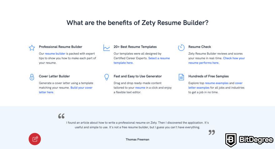 Best AI resume builder: Zety homepage.