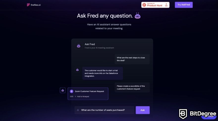 Best AI tools: Fireflies Ask Fred feature page.