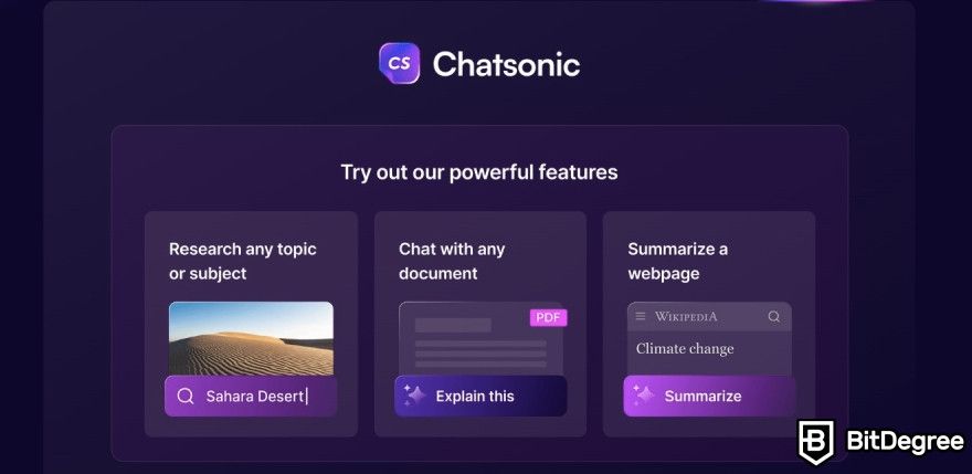 Best AI tools: Chatsonic's pros displayed on the webpage.