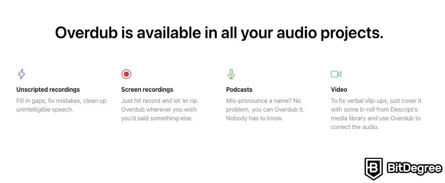 Best AI tools: Overdub features displayed on the webpage.