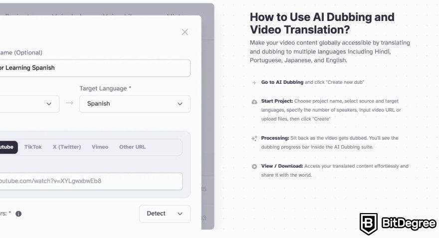 Best AI tools: ElevenLabs steps how to use the Dubbing feature.