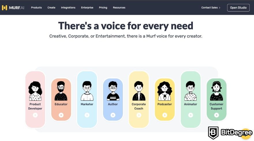 Best AI tools: Murf AI website with illustrations of voices.