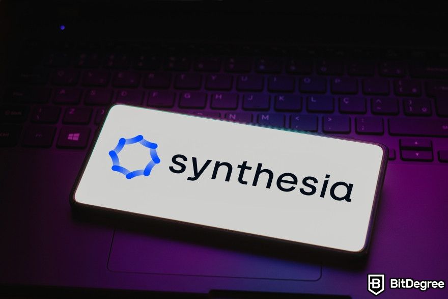 Best AI tools: Synthesia logo displayed on a phone.