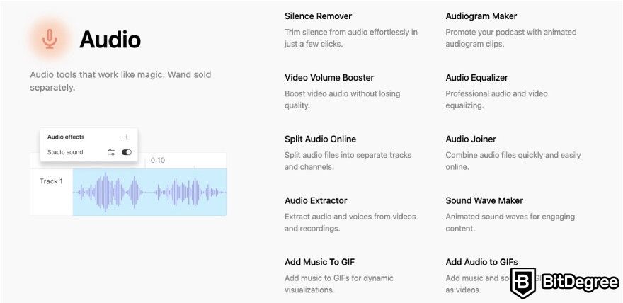 Best AI video generator: Descript's audio editing features displayed on the website.