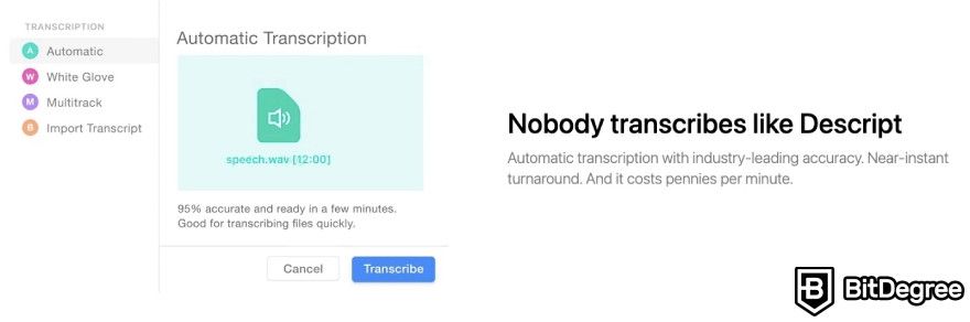 Best AI video generator: Descript transcription displayed on the website.