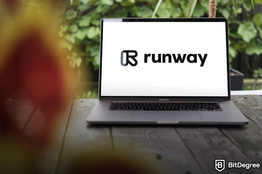 Best AI video generator: Runway logo displayed on a laptop.