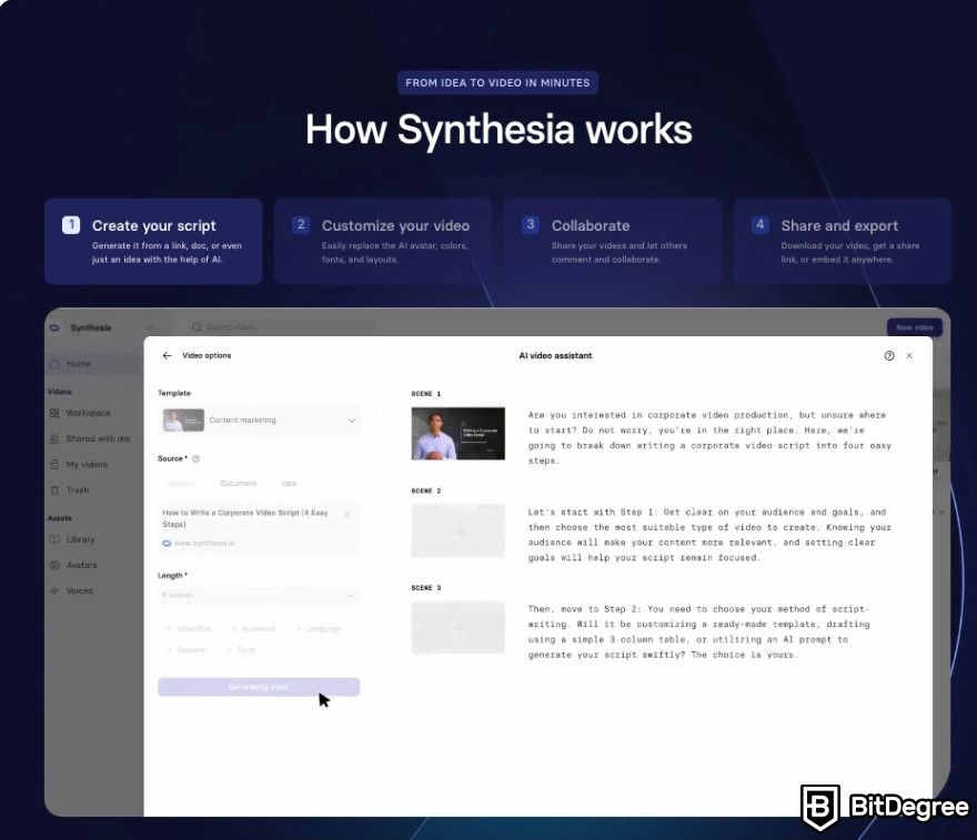 Best AI video generator: Steps how to use Synthesia's video generator.