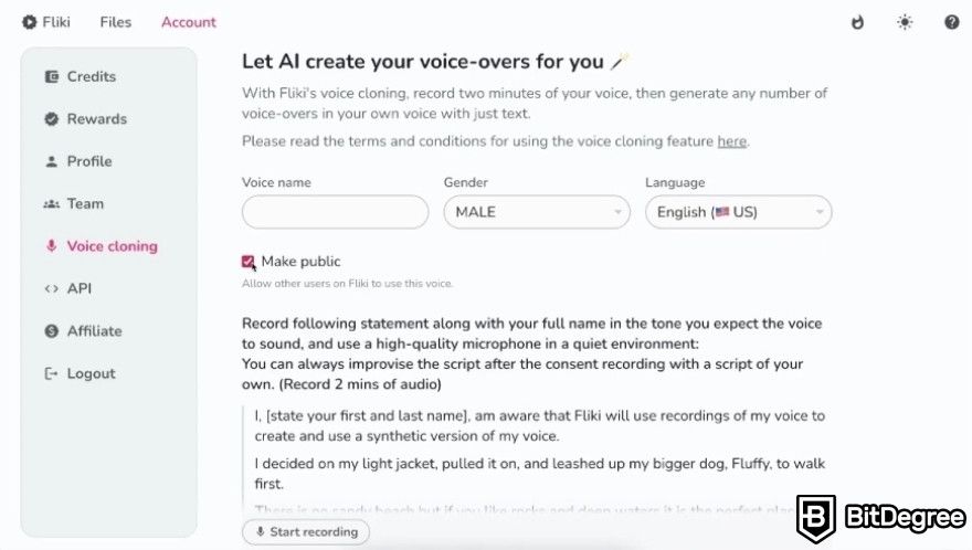 Best AI video generator: Fliki voice cloning feature window.