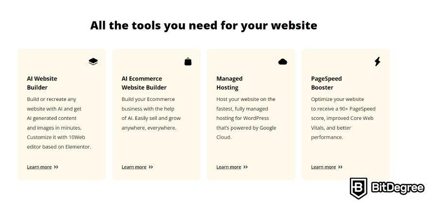 Best AI website builder: 10Web features.