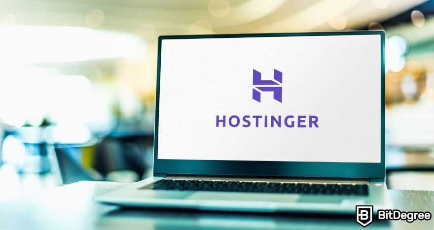 Best AI website builder: Hostinger logo displayed on a laptop.