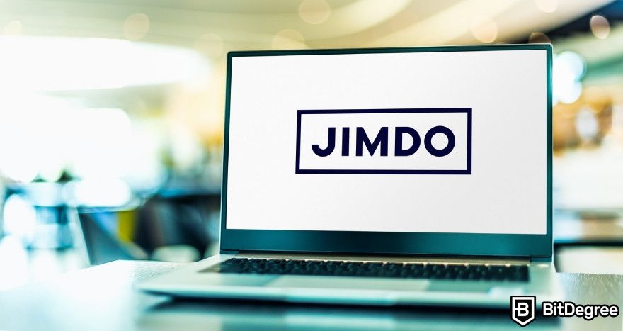 Best AI website builder: Jimdo logo displayed on a laptop.