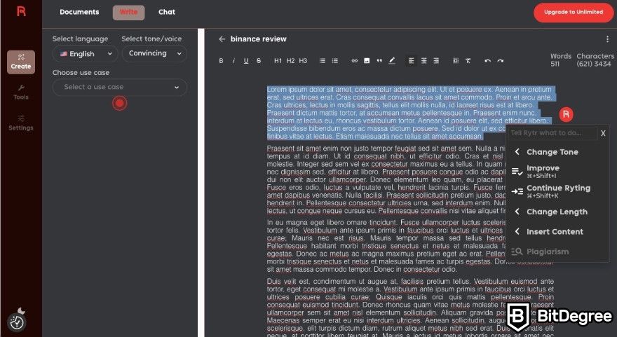 Best AI writer: Rytr editing page with tools.