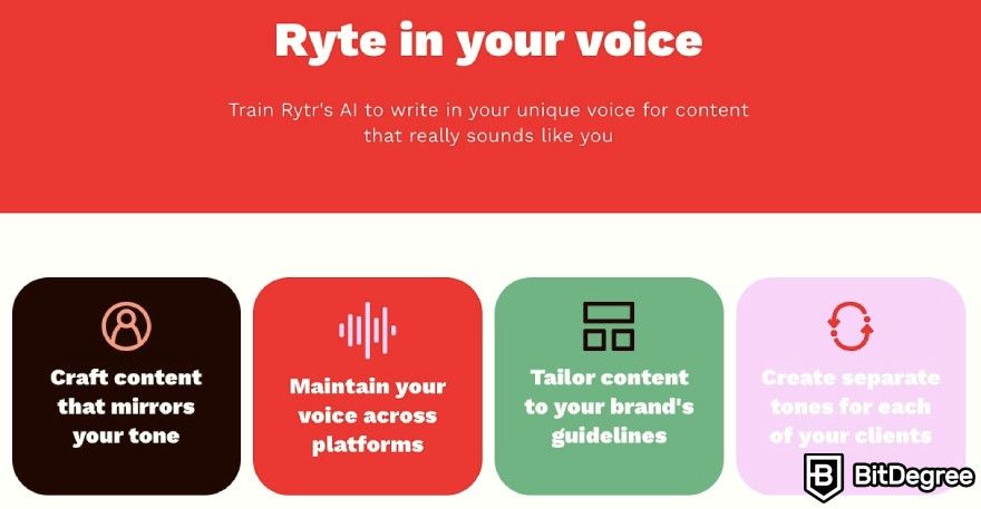 Best AI writer: Rytr tone of voice feature displayed on the webpage.