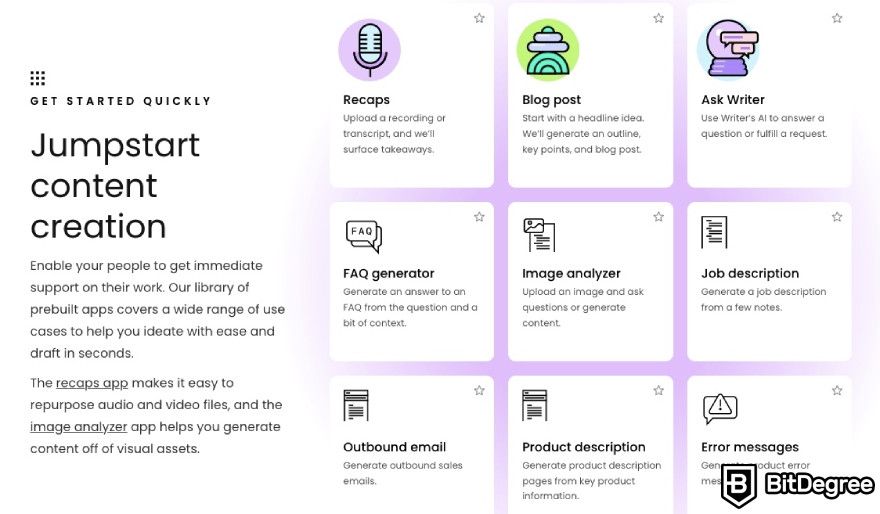 Best AI writer: Writer AI use cases displayed on the webpage.