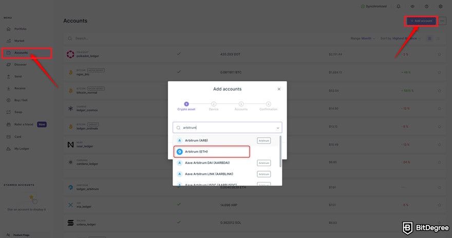 Best Arbitrum wallet: adding the ARB account on Ledger Live.