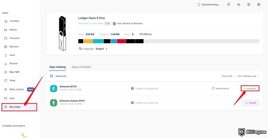 Best Arbitrum wallet: installing ETH on App catalog on Ledger Live.