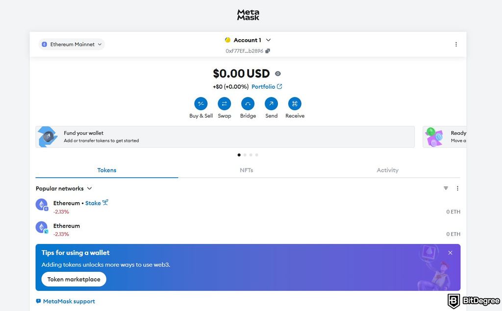 Best Arbitrum wallet: the MetaMask browser interface.