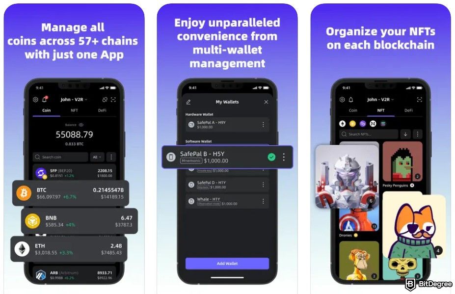 Best Arbitrum wallet: iPhone screenshots of the SafePal app.