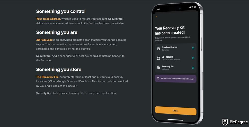 Best Arbitrum wallet: security features of Zengo Wallet.