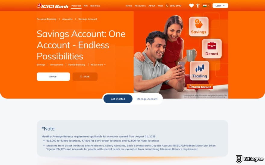 Best bank in India: a screenshot of ICICI Bank's Savings Account description. Best bank in India: a screenshot of ICICI Bank's Savings Account description.