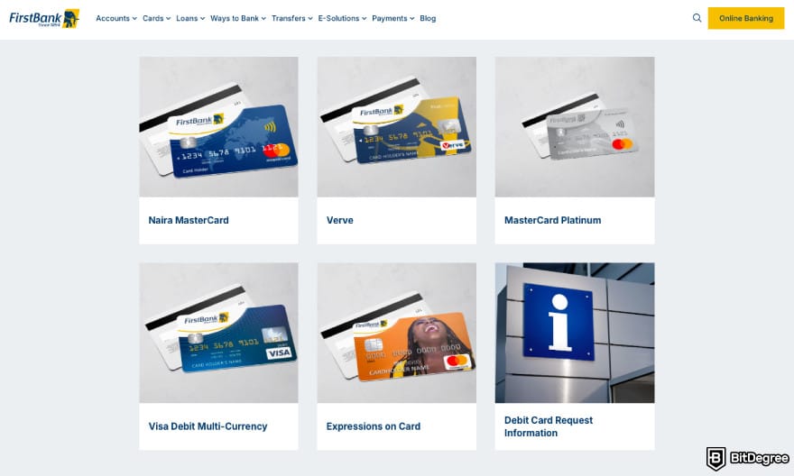Best bank in Nigeria: a screenshot of First Bank in Nigeria's  card collection.