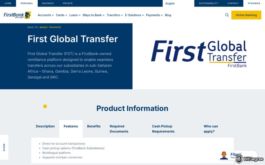 Best bank in Nigeria: a screenshot of First Bank of Nigeria's remittance features.