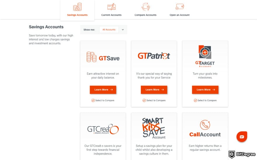 Best bank in Nigeria: a screenshot of GT Bank's savings accounts.