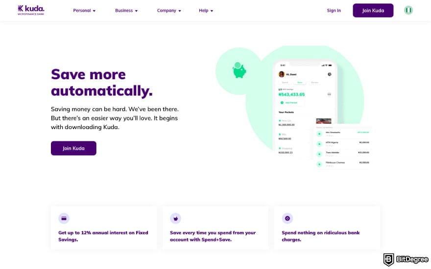 Best bank in Nigeria: a screenshot of Kuda's Savings description.