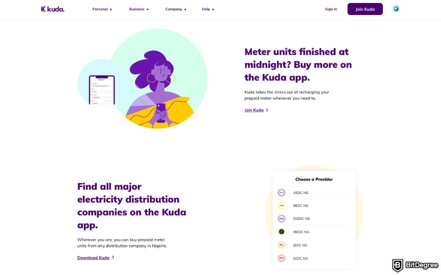 Best bank in Nigeria: a screenshot of Kuda's features.