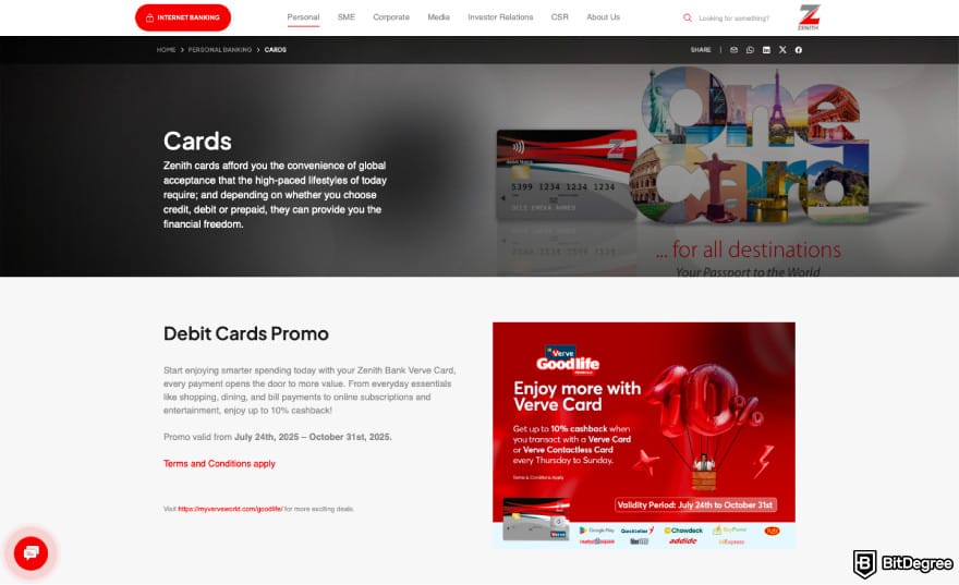 Best bank in Nigeria: a screenshot of Zenith Bank's debit cards description.