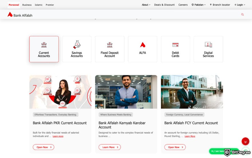 Best bank in Pakistan: a screenshot of Bank Alfalah's range of current accounts.