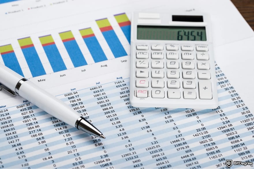 Best bank in Pakistan: a white calculator on top of a sheet with numbers.