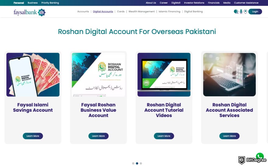 Best bank in Pakistan: a screenshot of Faysal Bank's selection of Roshan accounts.