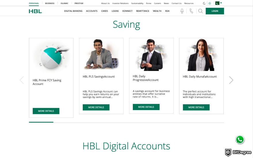 Best bank in Pakistan: a screenshot of HBL saving accounts selection.