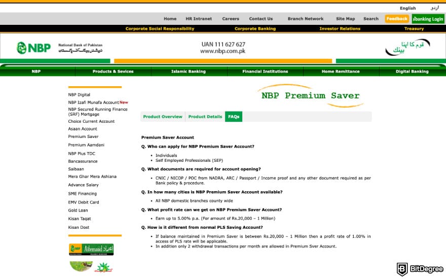 Best bank in Pakistan: a screenshot of National Bank of Pakistan's Premium Saver account description.