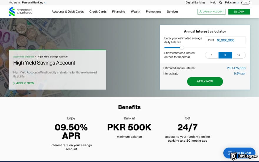 Best bank in Pakistan: a screenshot of Standard Chartered bank's High-Yield Savings Account description.
