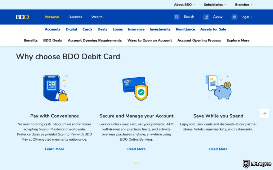 Best bank in the Philippines: a screenshot of Banco de Oro debit card features.